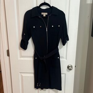 Michael Kors Navy Zip-Front Shirt Dress with Belt